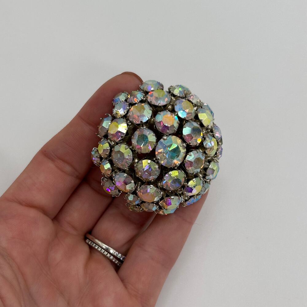 Vintage Warner Dome Brooch 2" Aurora Borealis Rhinestone Pin Signed Jewelry - Picture 7 of 10